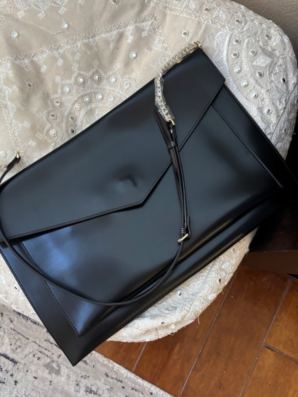 Glass ladder & co Black Leather Envelope Clutch with Gold Chain Strap